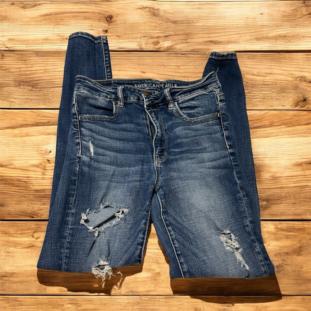 American Eagle Outfitters Women's Dark Blue Ripped Skinny Jeans